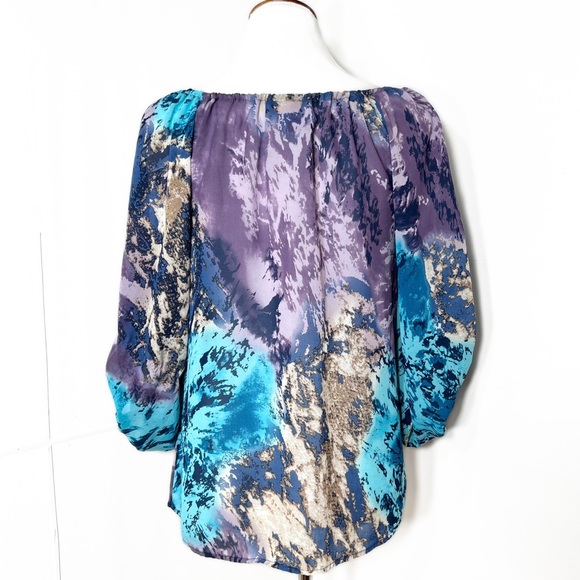 Romeo & Juliet Couture Pastel Watercolor Tie Neck Balloon Sleeve Peasant Top - Picture 6 of 10